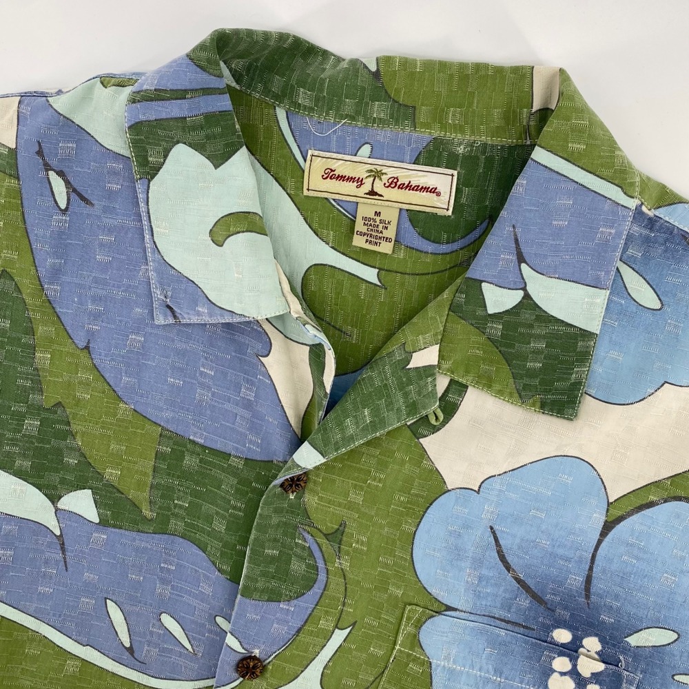 Tommy‎ Bahama Mens Medium Silk Hawaiian Shirt Blue Green Floral Short Sleeve